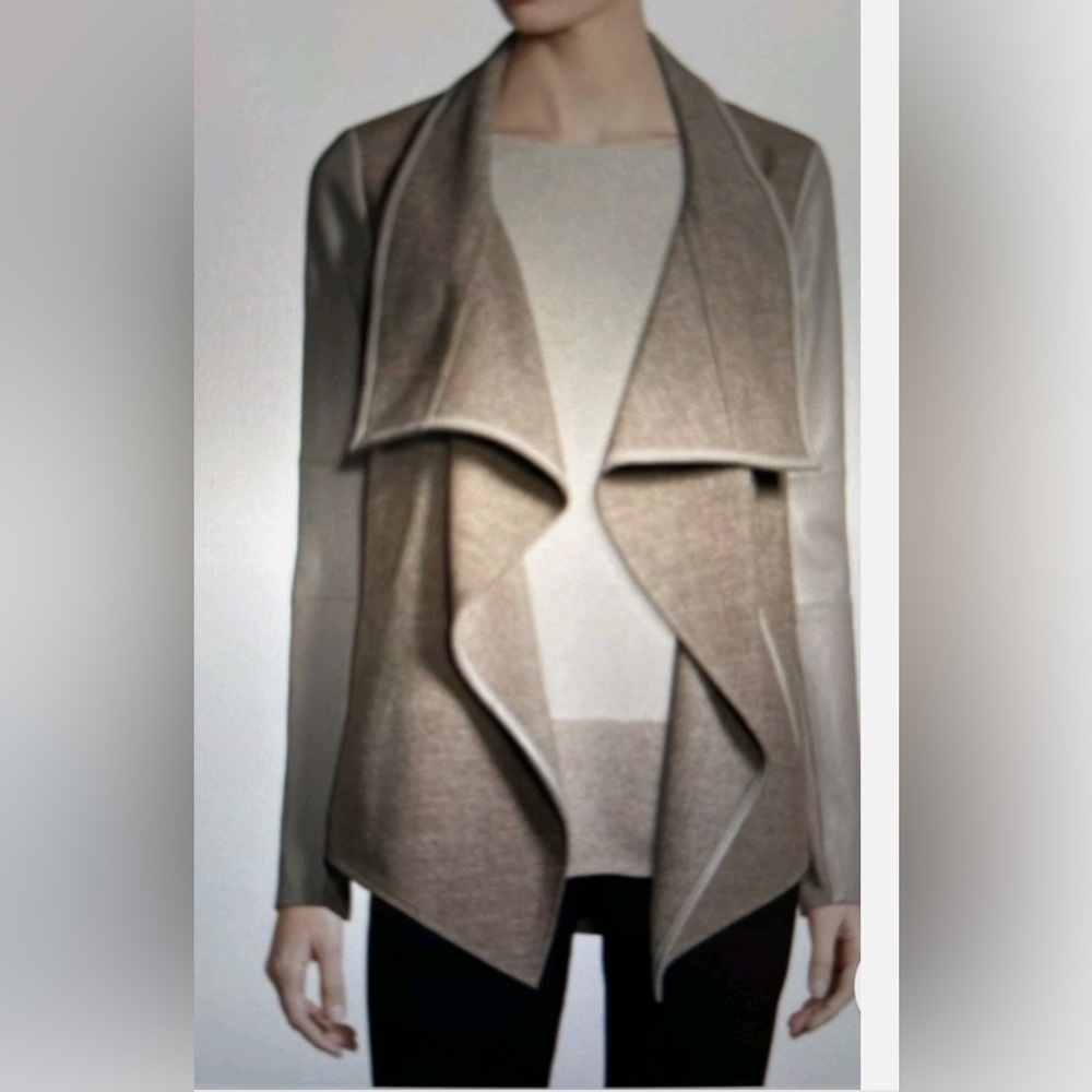 VINCE Lamb Leather Sleeves/Wool Blend Jacket w/ Drape Front